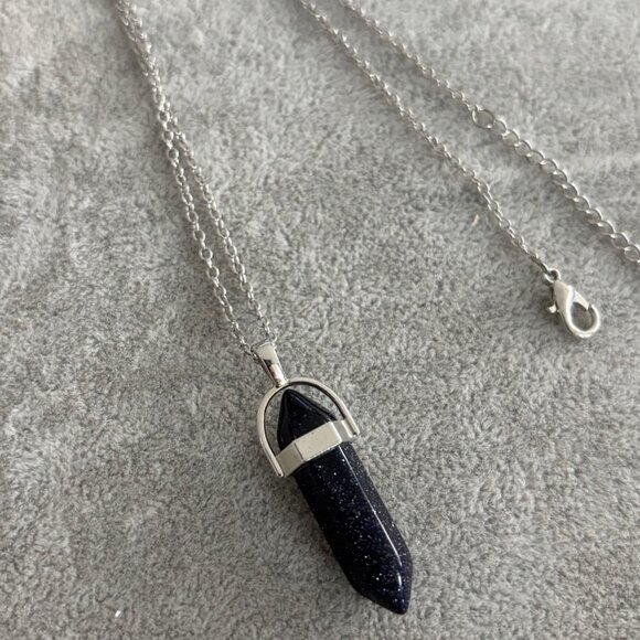 Blue Goldstone Pendant Necklace With Silver-Tone Chain Lobster Clasp Closure 12" - Picture 3 of 5